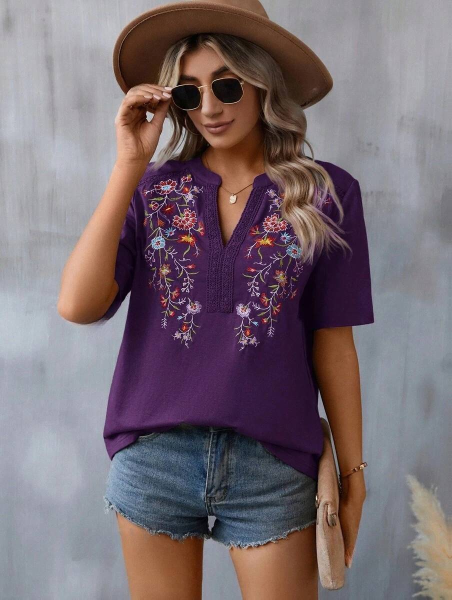 Summer Fashion Embroidered Lace Trim Top – Elegant Floral Detailing