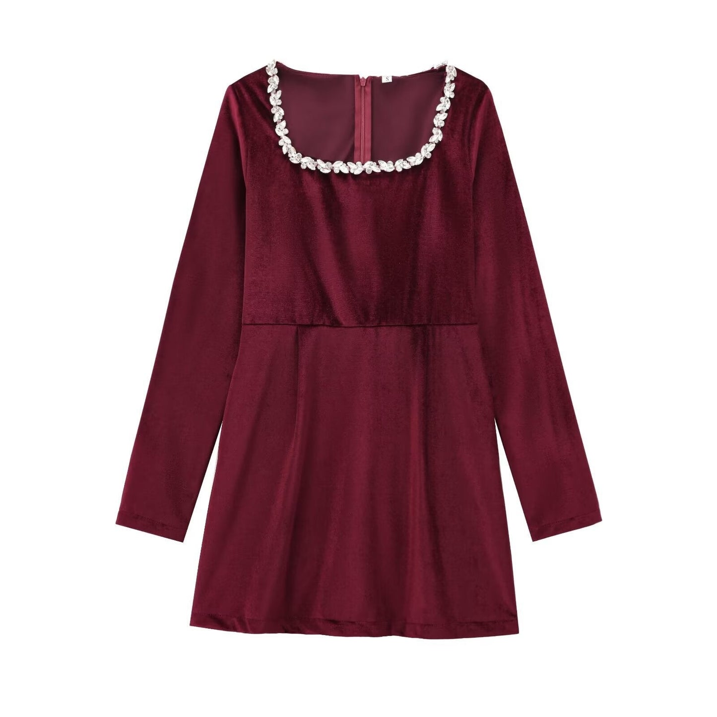Elegant Velvet Fitted Diamond-Embellished Long-Sleeve Short Hemline Dress