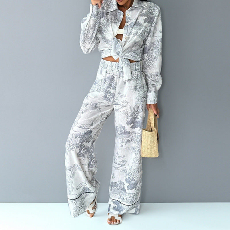 Printed Stand Collar Batwing Sleeve Loose Top with High-Waisted Wide-Leg Pant