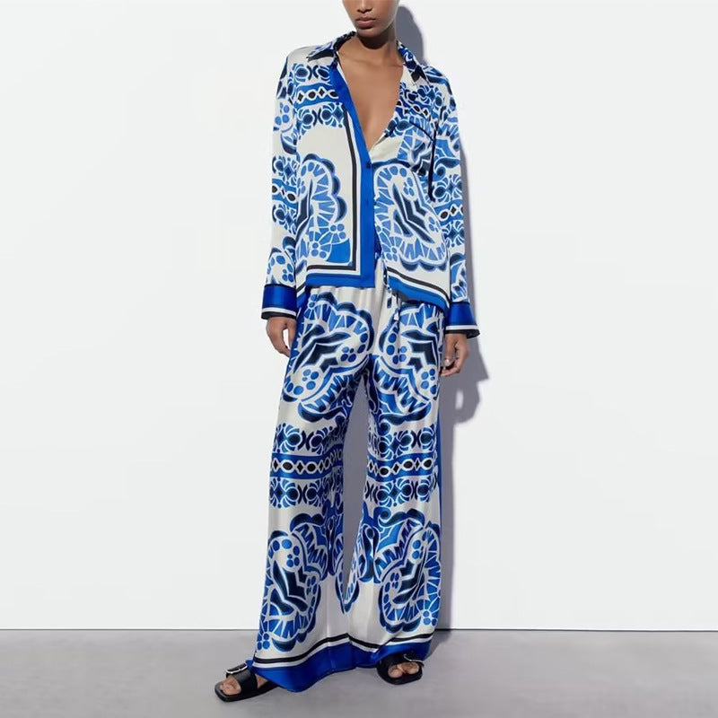 Printed Stand Collar Batwing Sleeve Loose Top with High-Waisted Wide-Leg Pant