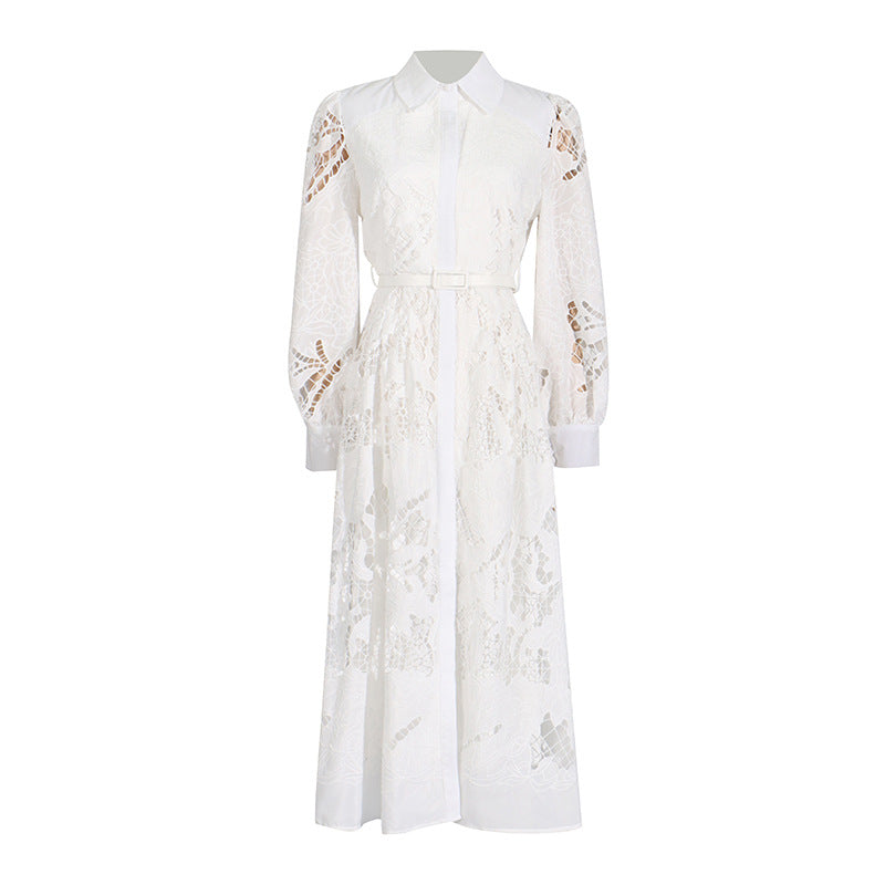 Vintage Collar Long Lantern Sleeve Mid-Length Embroidery Lace Solid Color Dress