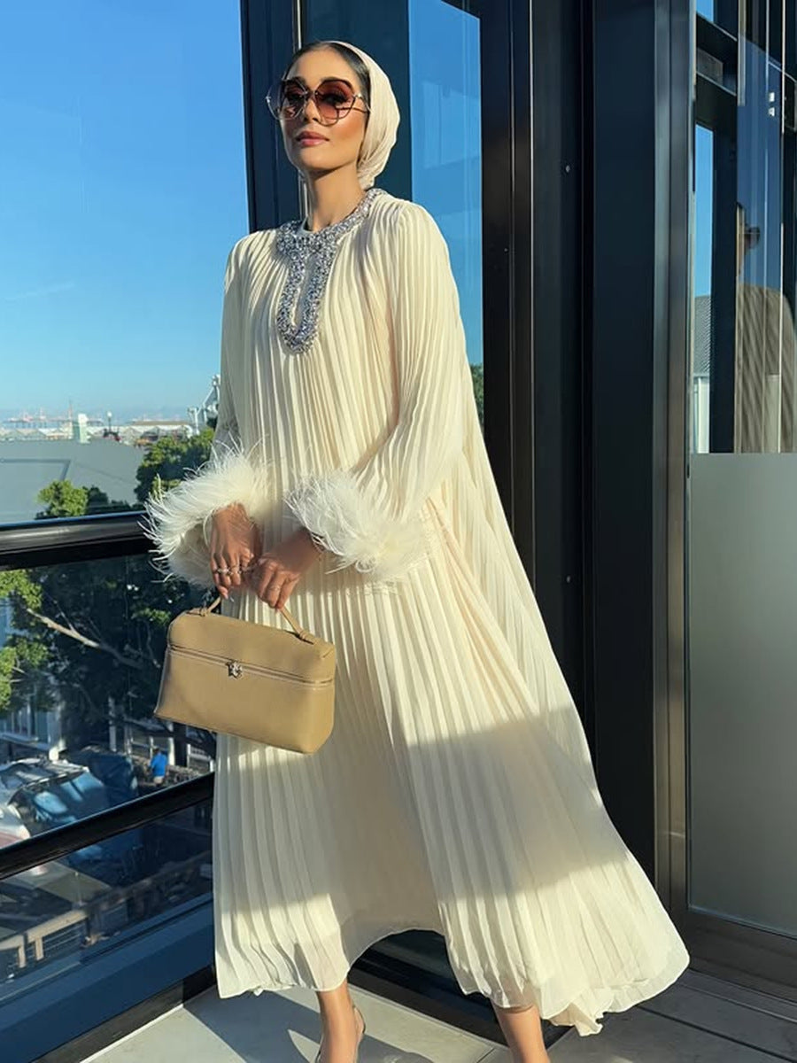 Elegant Round Neck Rhinestone Ostrich Feather Long Sleeve Ruffle Dress