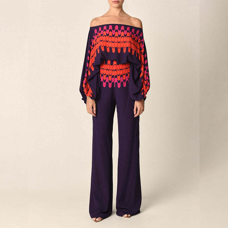 Women's Printed Round Neck Batwing Sleeve Top & Wide-Leg Pants Set