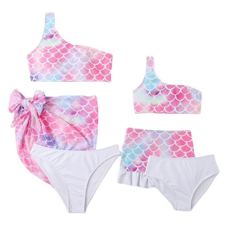 Sexy One Shoulder Mother and Daughter Two Pieces Swimwear