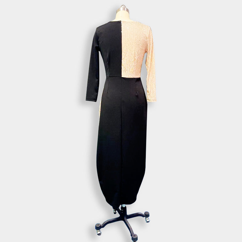 High Waist Solid Color Elegant Office Long Sleeves Midi Dress