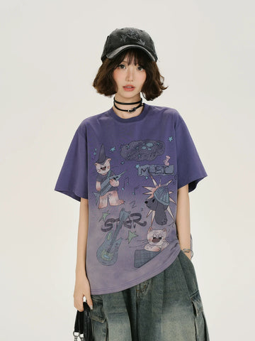 Girlyhalo Vintage Washed Purple Gradient Short Sleeve T-Shirt