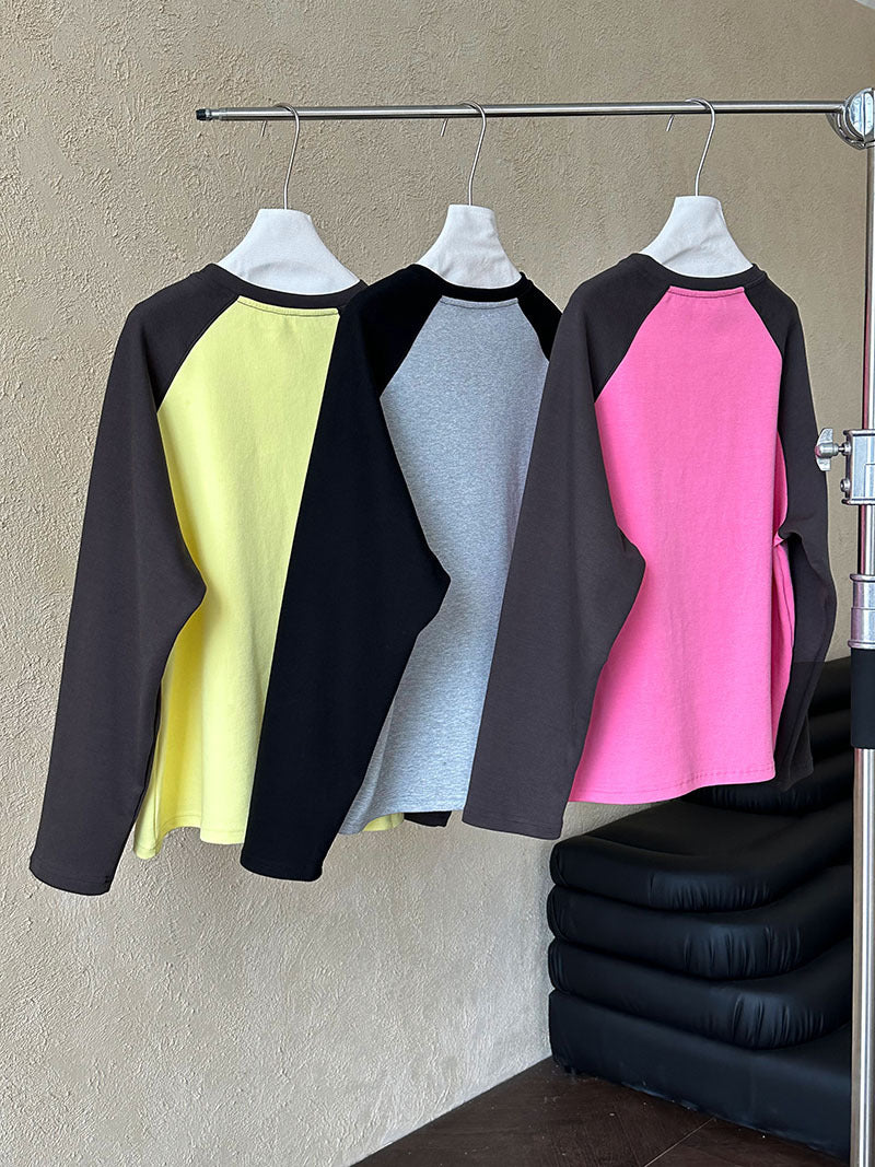 Retro Color-Block Long Sleeve T-Shirt – Oversized Graphic Sweatshirt for Women