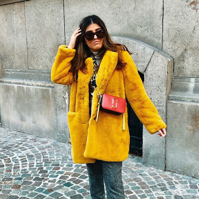 Luxury Faux Fur Coat – Winter Warm Thick Plush Oversized Jacket with Lapel Collar