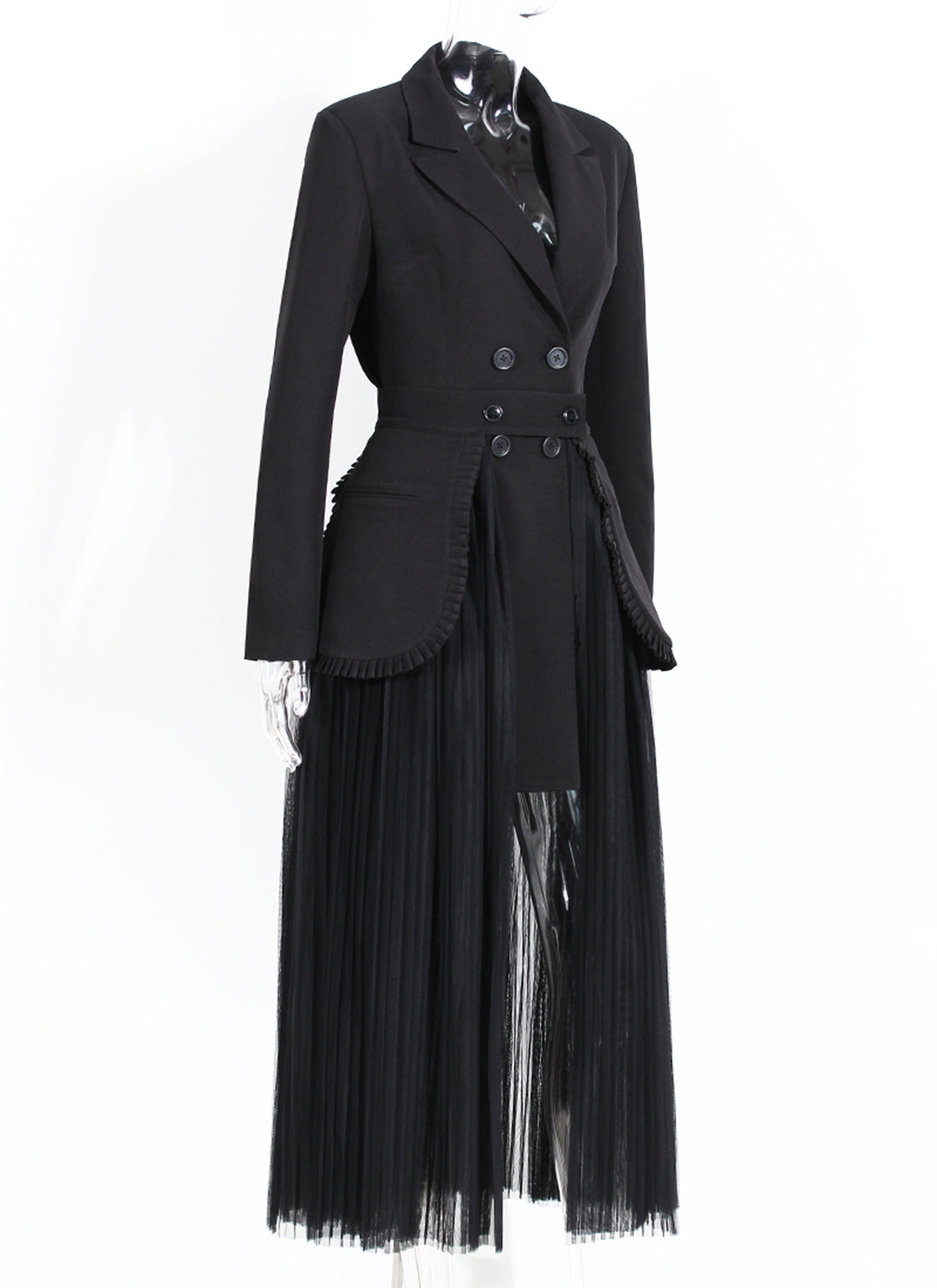 Women's Long Blazer & Chiffon Pleated Skirt Two-Piece Set