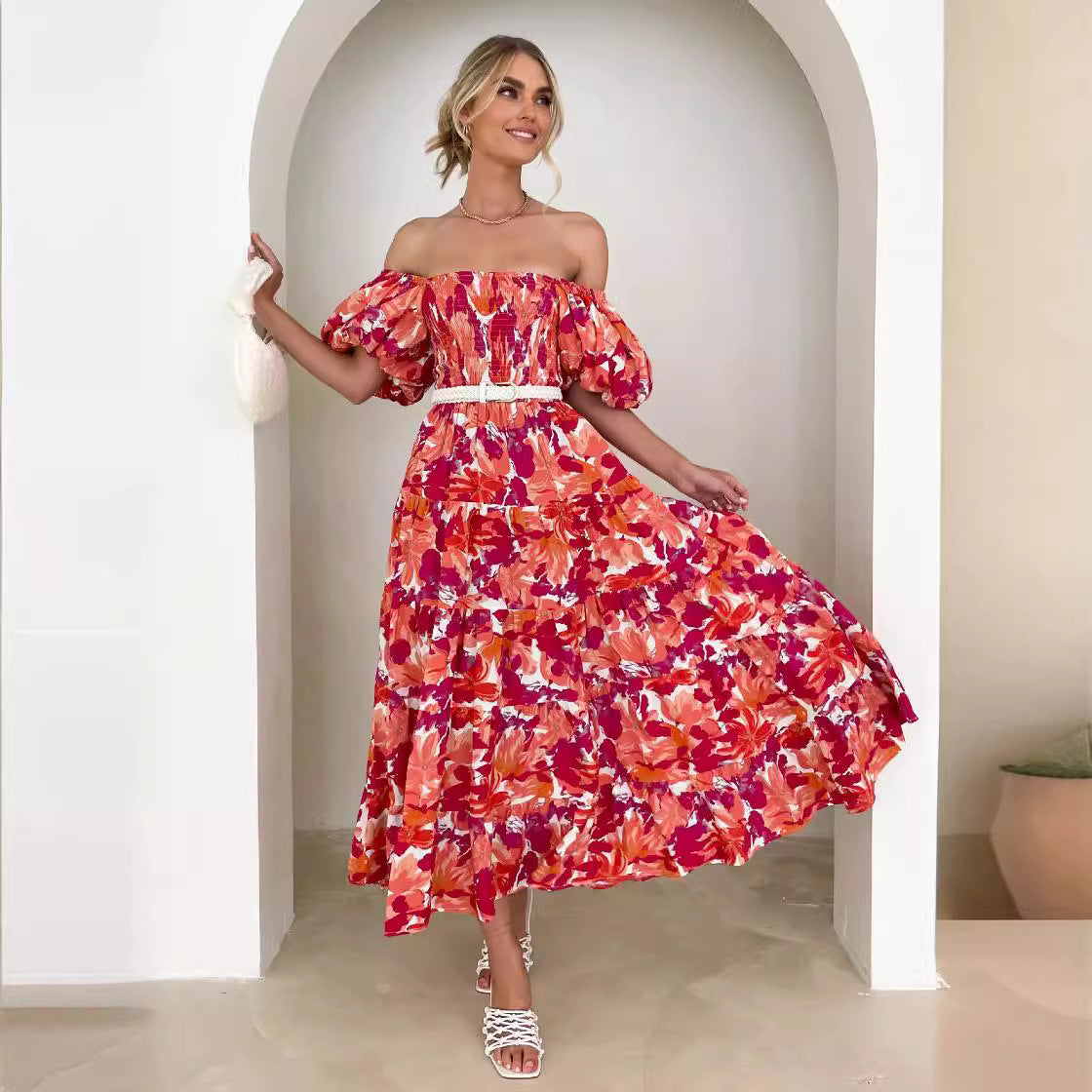 Flutter Sleeve High Waist Off-Shoulder Print Dress