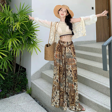 Bohemian Print High-Waisted Wide-Leg Flare Pants with Cami Top-Tank Top One Size-S-Free Shipping Leatheretro