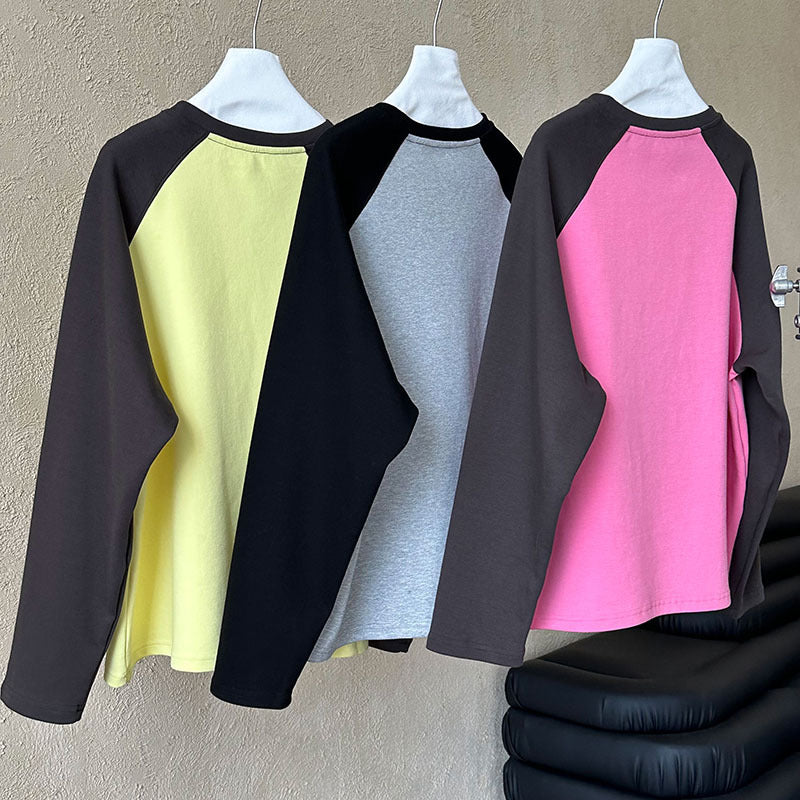 Retro Color-Block Long Sleeve T-Shirt – Oversized Graphic Sweatshirt for Women