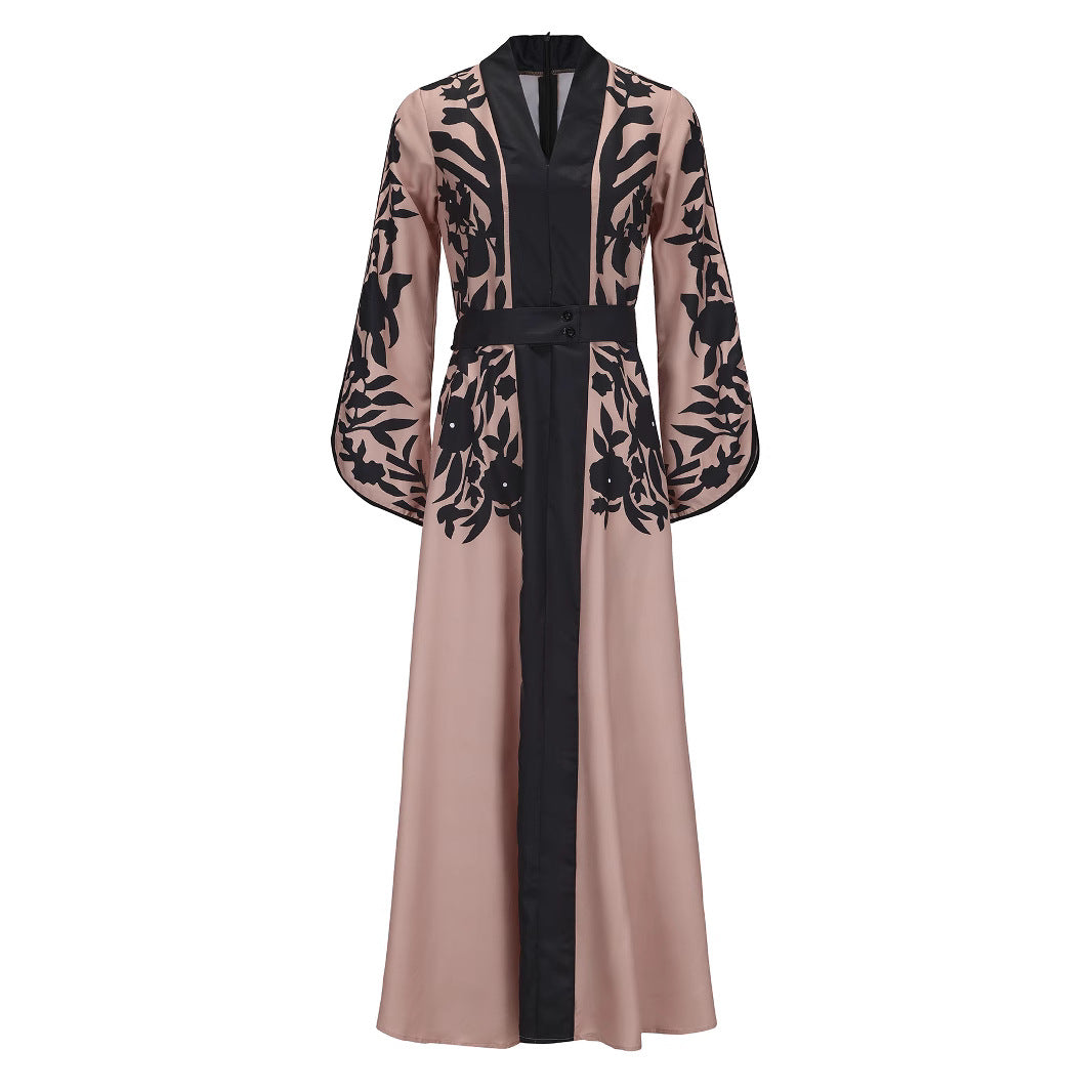 Floral Print Wrap Waist A-Line Flared Sleeve V-Neck Maxi Dress