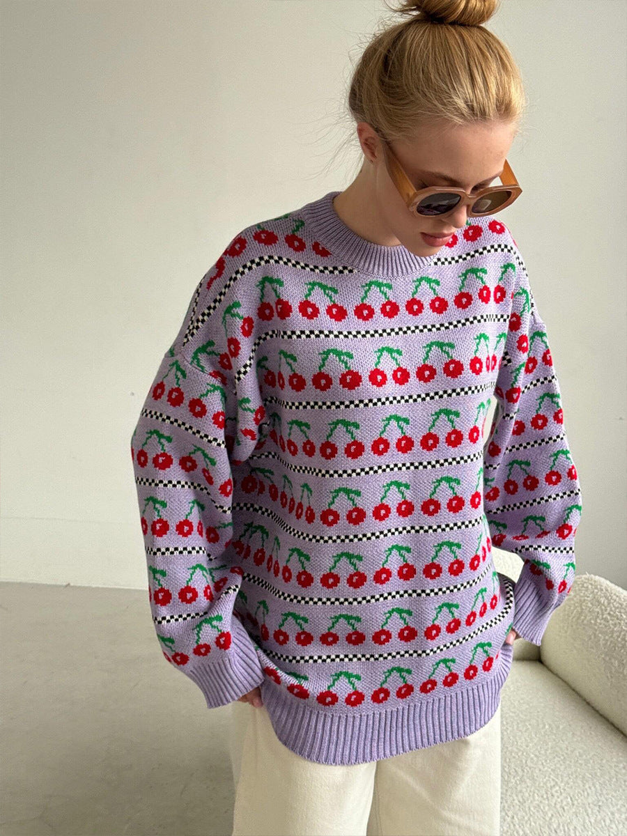 Purple Cherry Print Vintage Knitted Sweaters