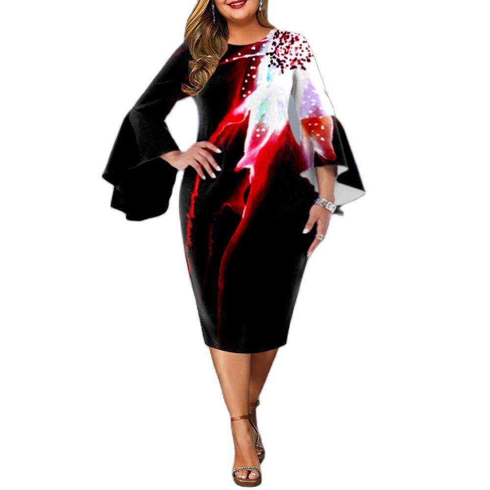 Women Plus Sizes Floral Print Sheath Dresses-Dresses-Black-XL-Free Shipping at meselling99