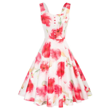 Retro Homecoming Dress - Floral Print A-Line Swing Dress with Buttons