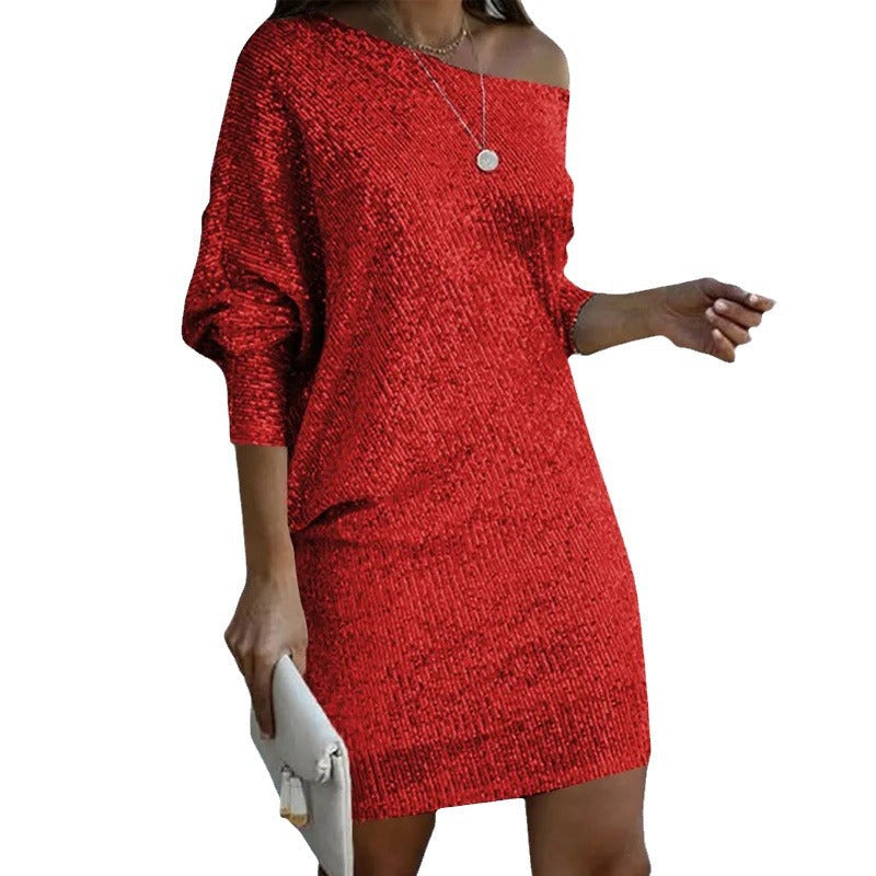 Elegant Off-Shoulder Long Sleeves Midi Dress with Sequins