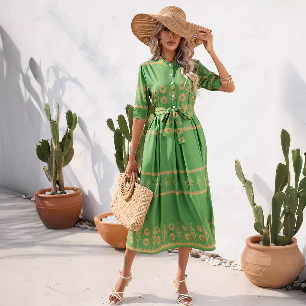 Women's Summer Boho Floral Print Short Sleeve Dress