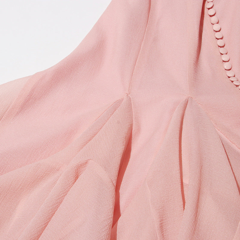 Designed Elegant Round Neck Patchwork Hem Flounce Midi Dress with Bell Sleeves