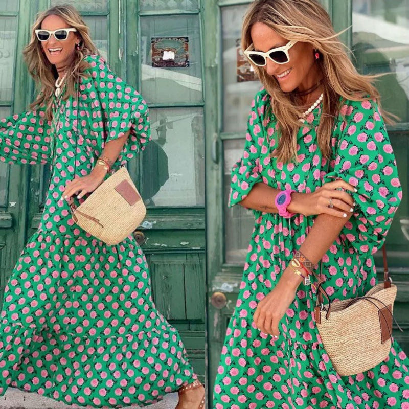 Plus Size Boho Print Dress with Puff Sleeves
