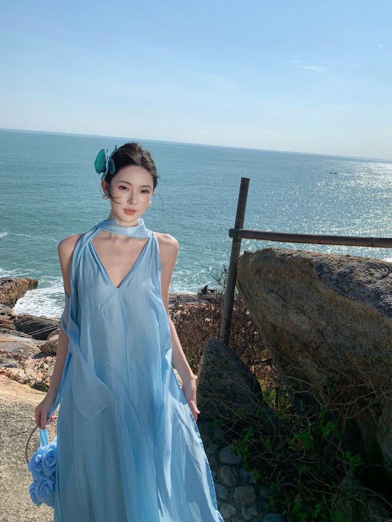 Ethereal Tie-Neck Maxi Dress – Flowy Goddess Silhouette with Elegant Sash Detail