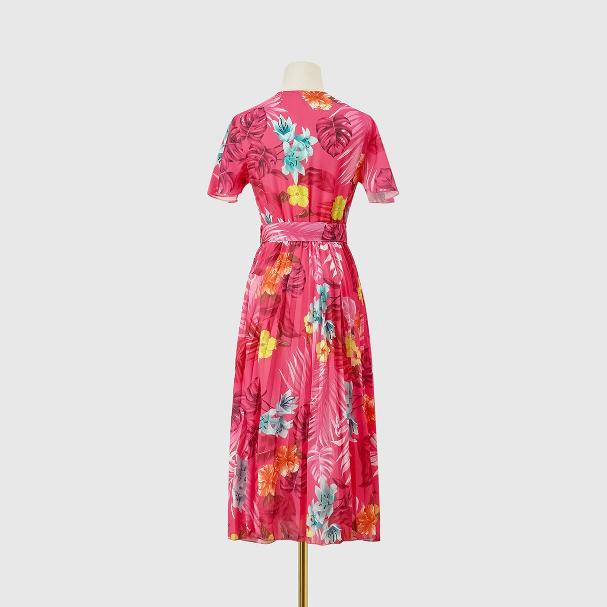 Summer Floral Print Crinkle Midi Short Sleeve Dress