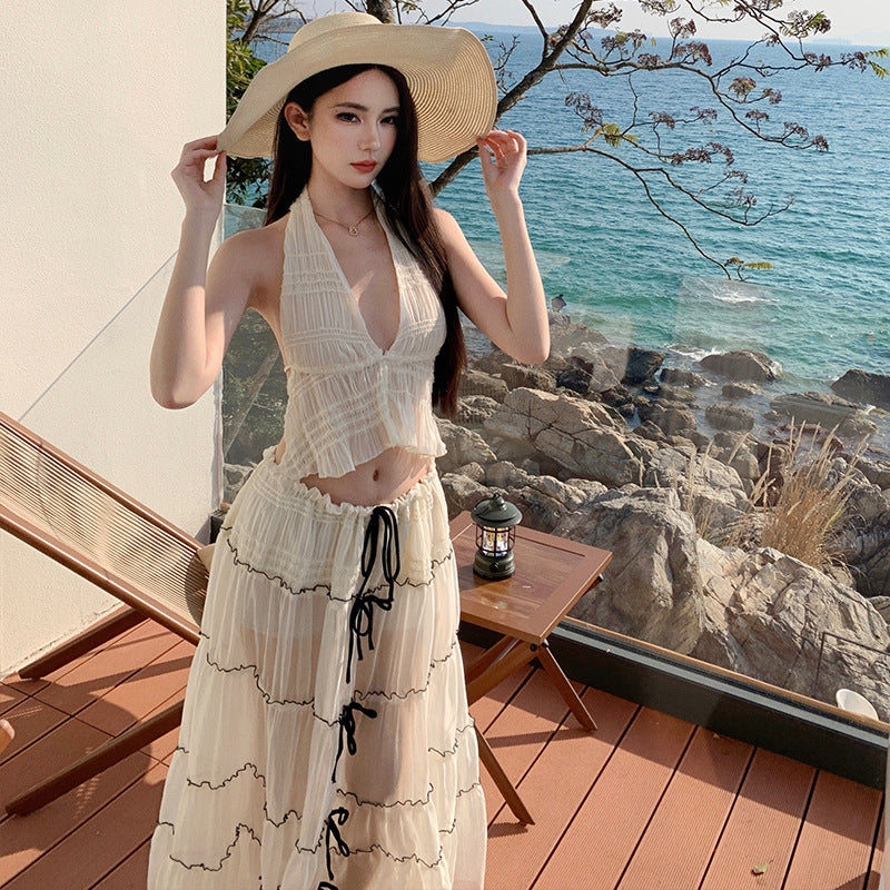 Vacation Style Halter Neck Top & High-Low Skirt Set
