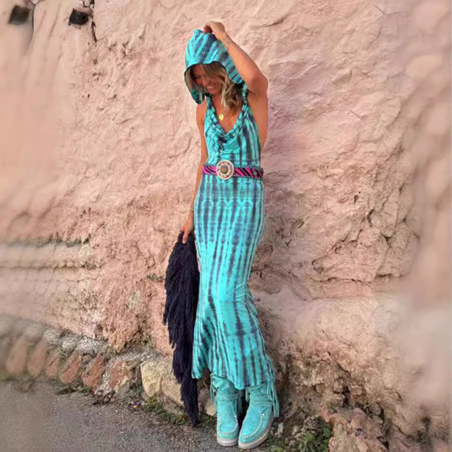 Women's Hooded Open-Back Printed Boho Dress