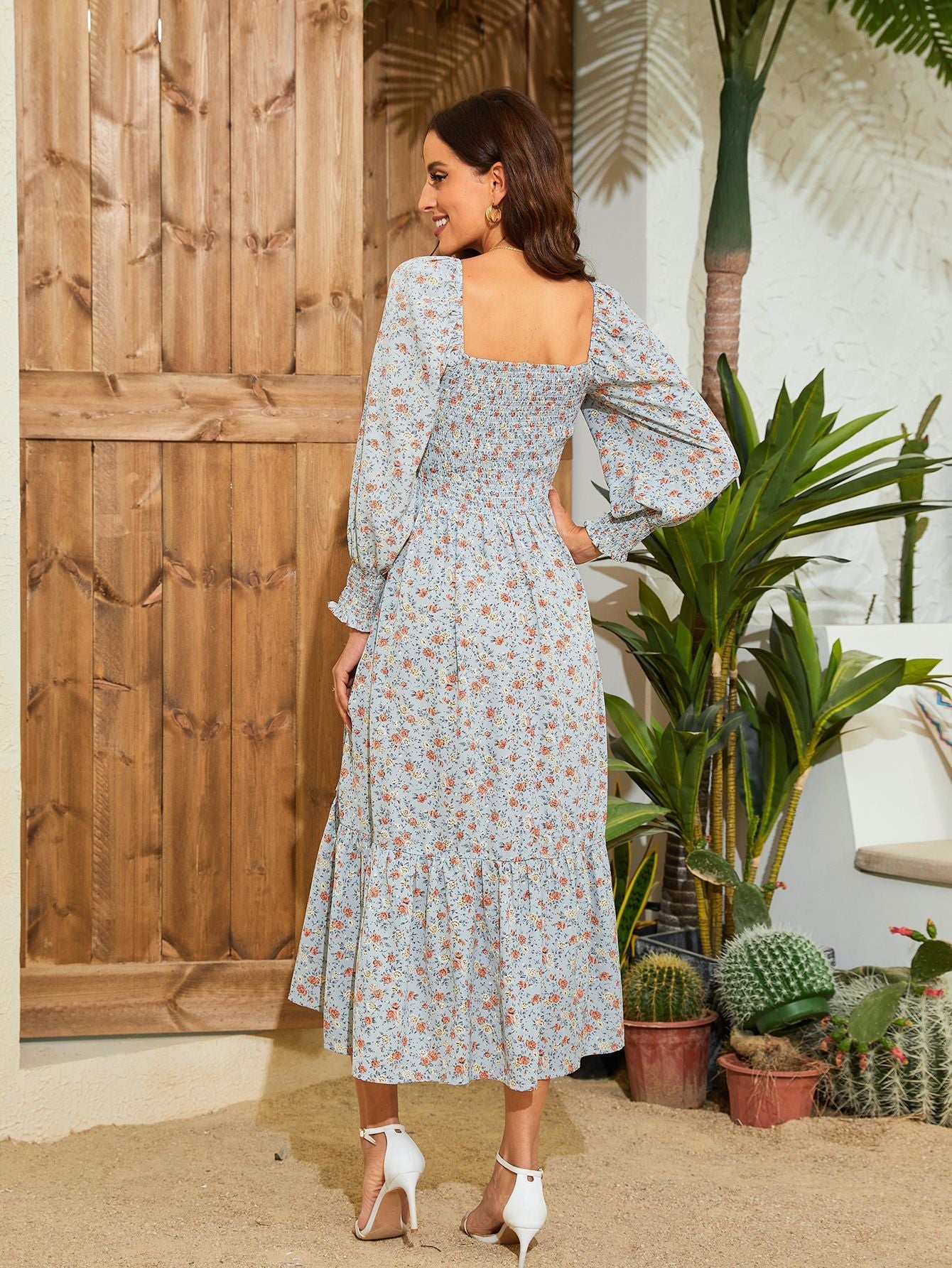 Women's Floral Print Square Neck Chiffon Dress
