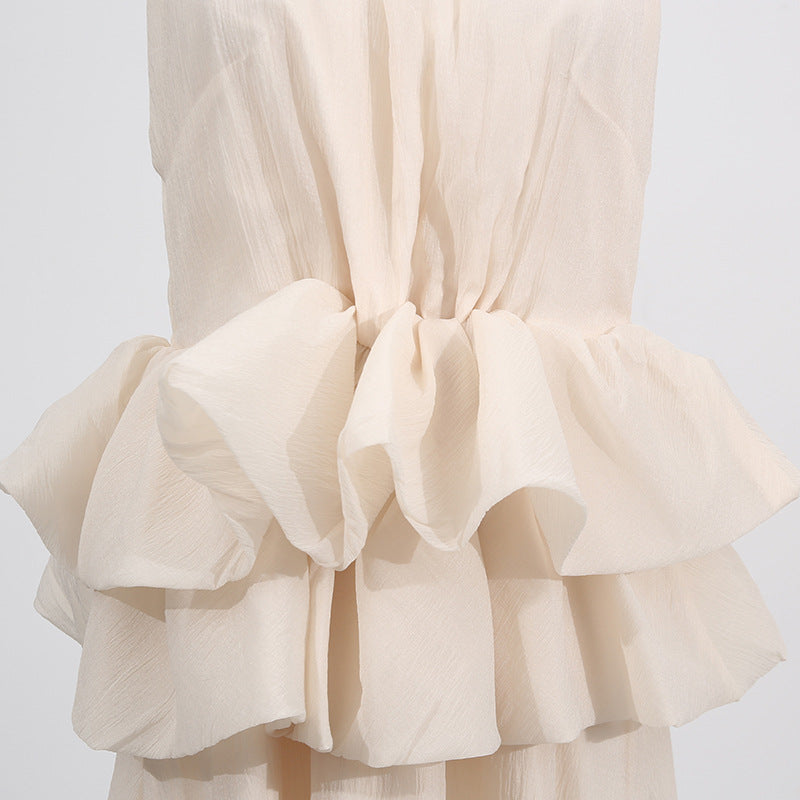 Elegant High-Neck Sleeveless Summer Dress with Waist Ruffle Detail