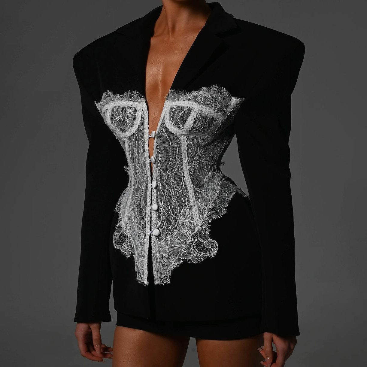 Designed Lace Panel Slim-Fit Blazer for Women – Sexy & Stylish Tailored Waist Jacket