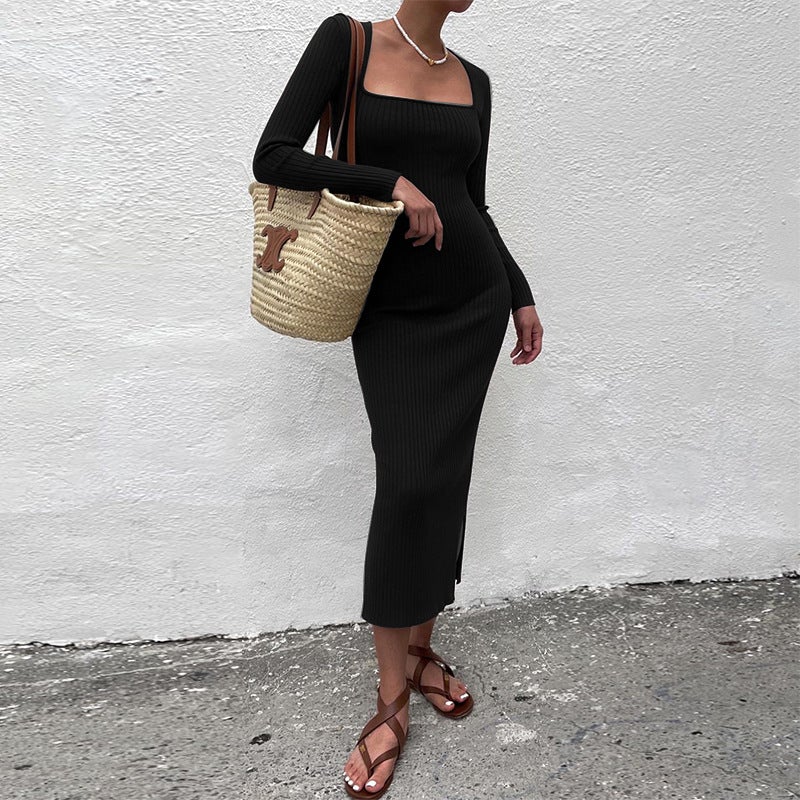 Sexy Square Neckline Long Sleeves Knitted Long Dresses-Dresses-Free Shipping at meselling99