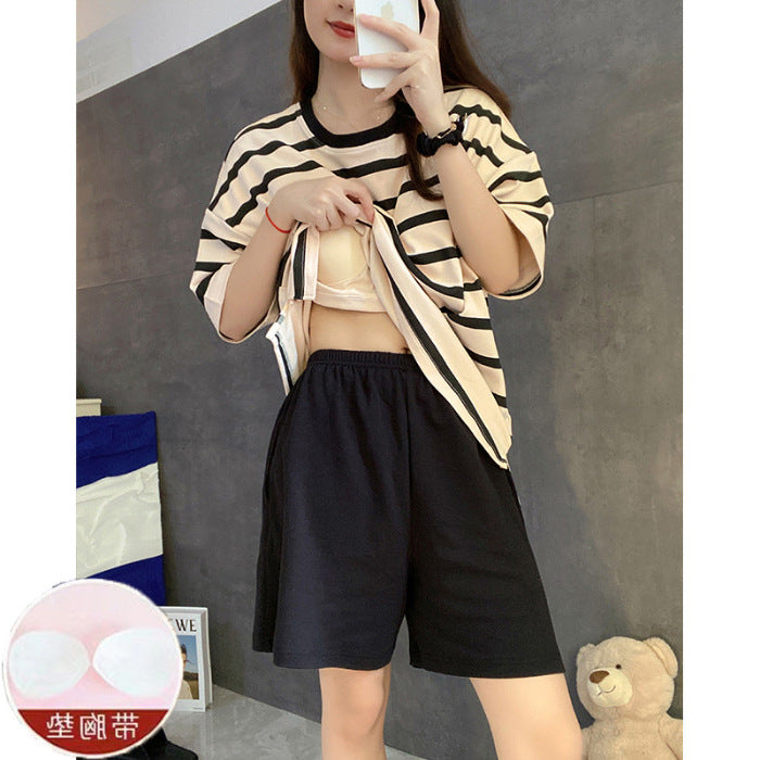 Casual Striped Summer Short Sleeves Shirts & Shorts Homewear
