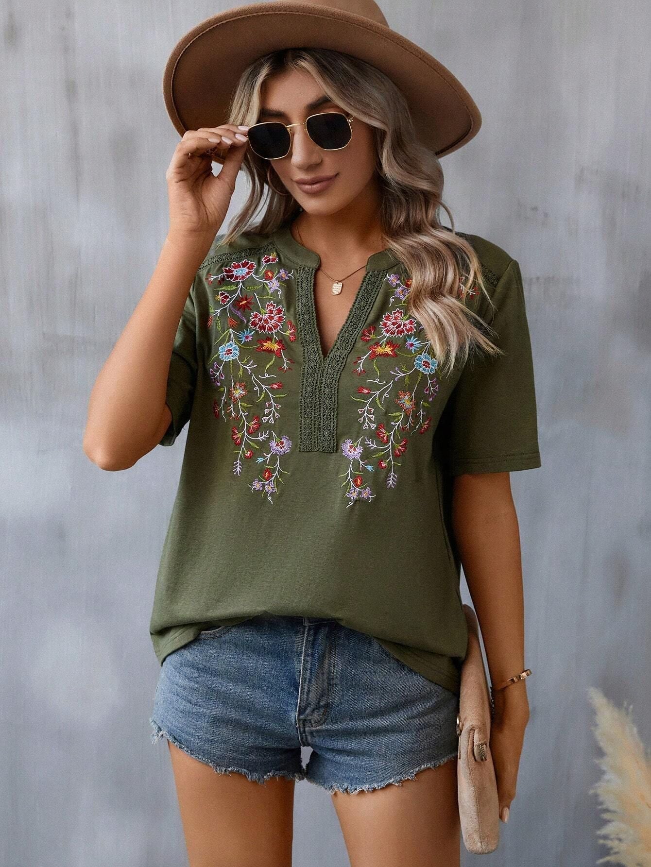 Summer Fashion Embroidered Lace Trim Top – Elegant Floral Detailing