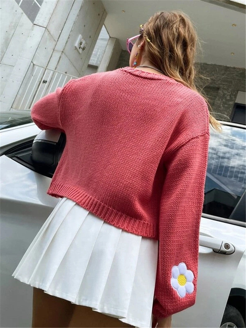 Sweety Floral Print Knitted Cardigan Sweaters
