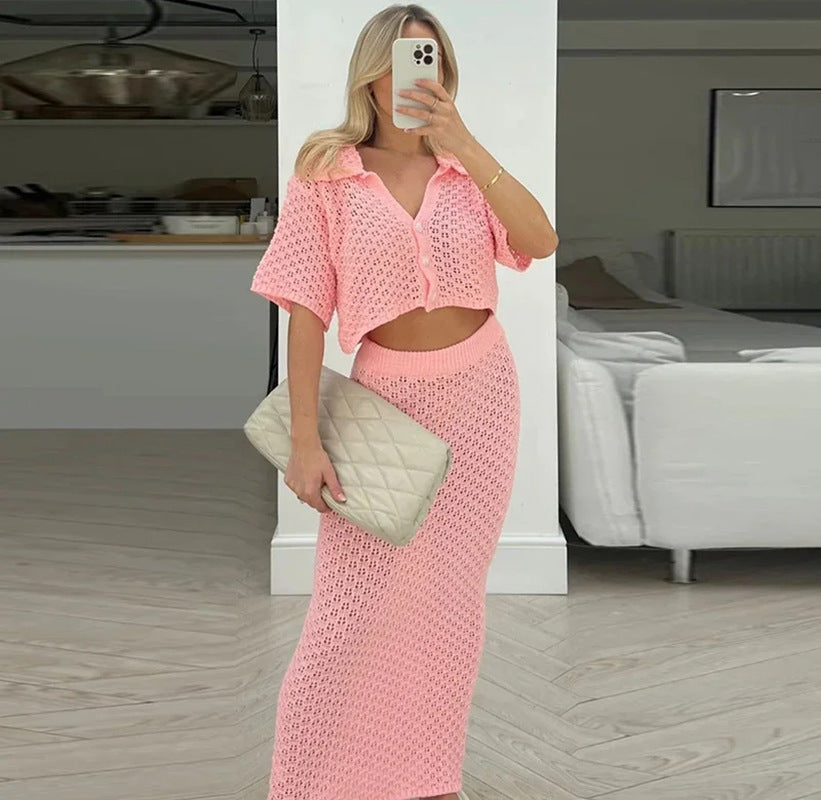 Women's Knit Crochet Lace-Up Cardigan & Skirt Set