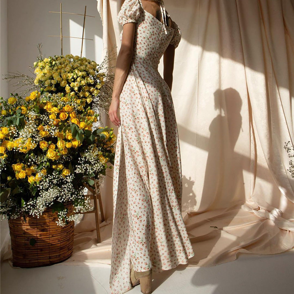 Women's Square Neck Beach Dress with Retro Ruffles, Floral Print