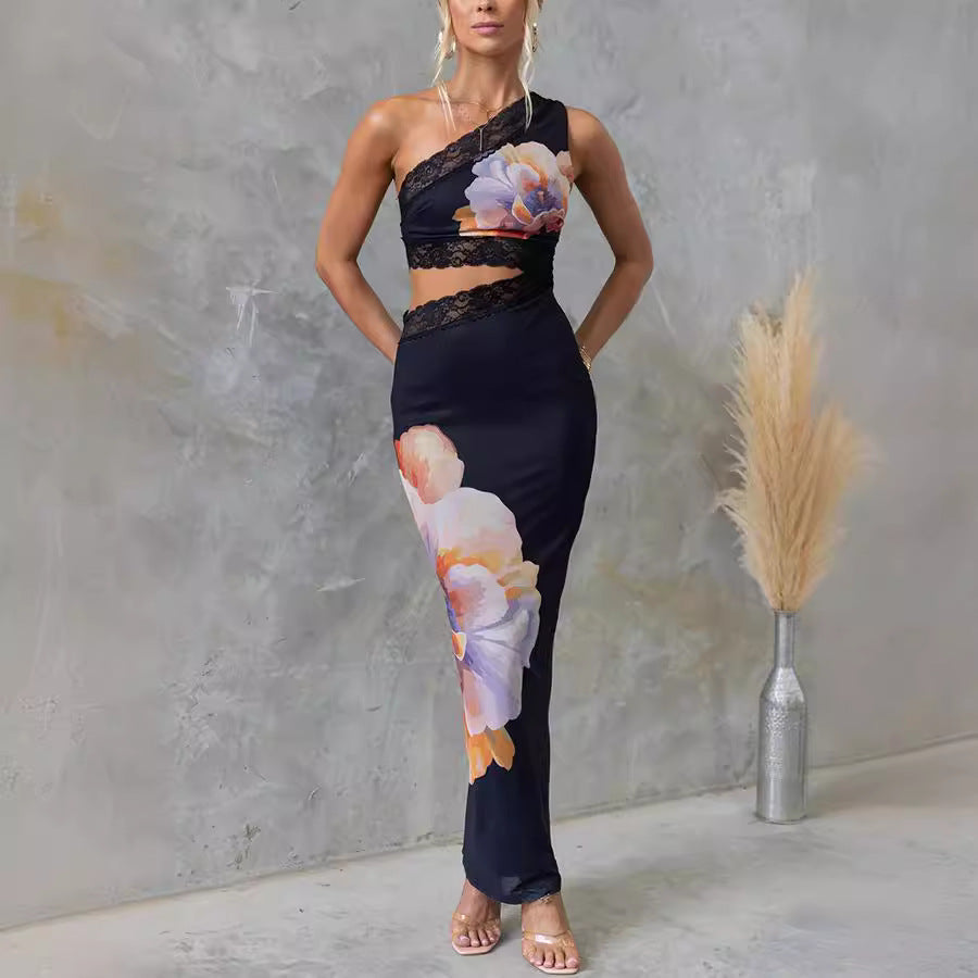 One-Shoulder Floral Lace Mesh Bodycon Dress