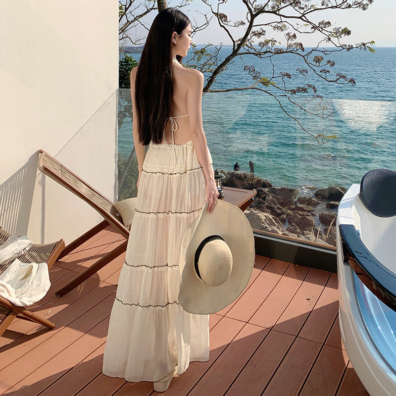 Vacation Style Halter Neck Top & High-Low Skirt Set