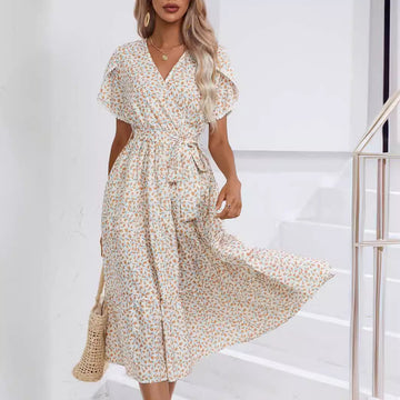 Women's Summer Floral V-Neck Split Hem Top
