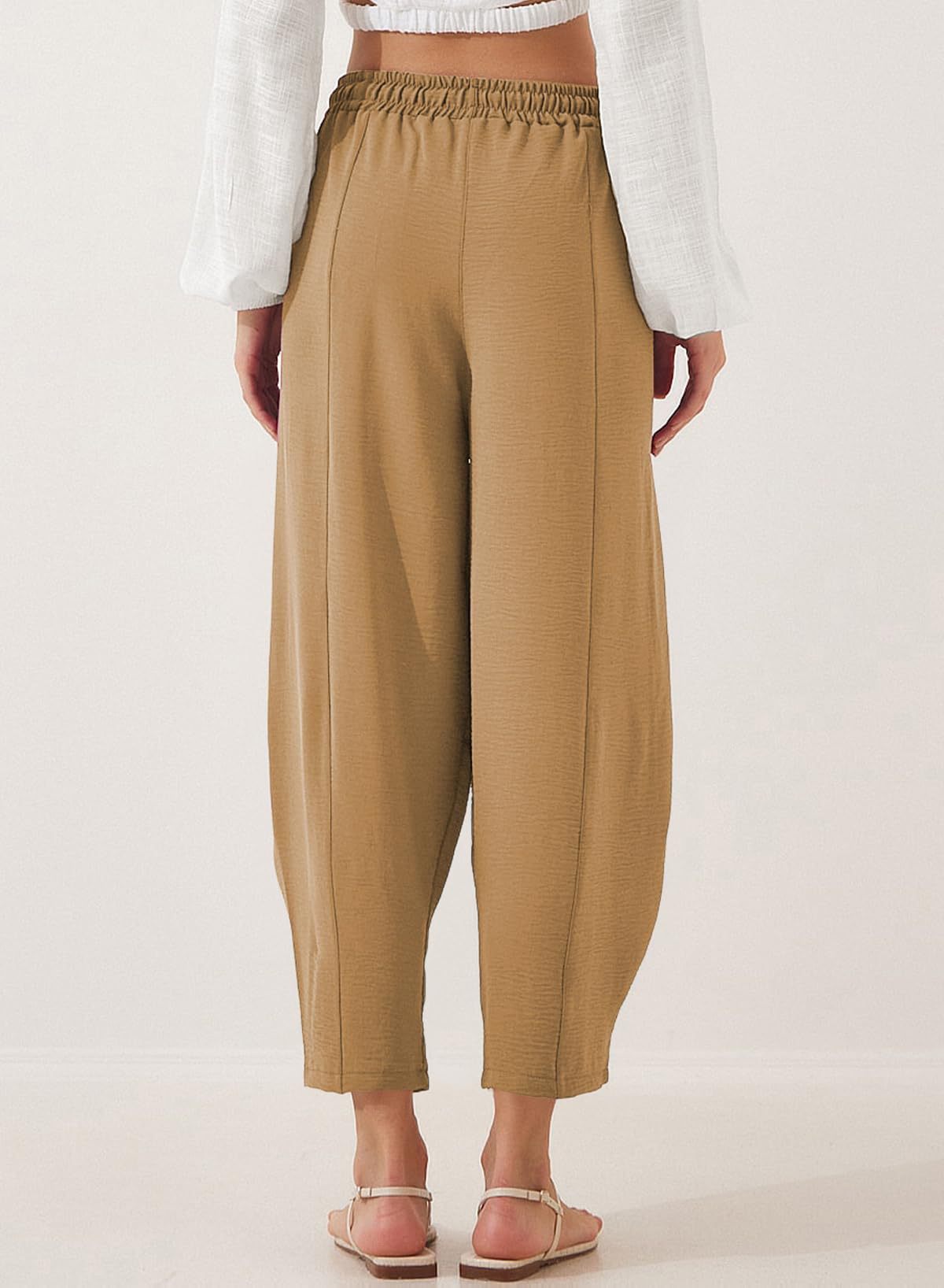 Women's Summer High-Waisted Loose Vacation Drawstring Casual Cropped Pants with Side Pockets
