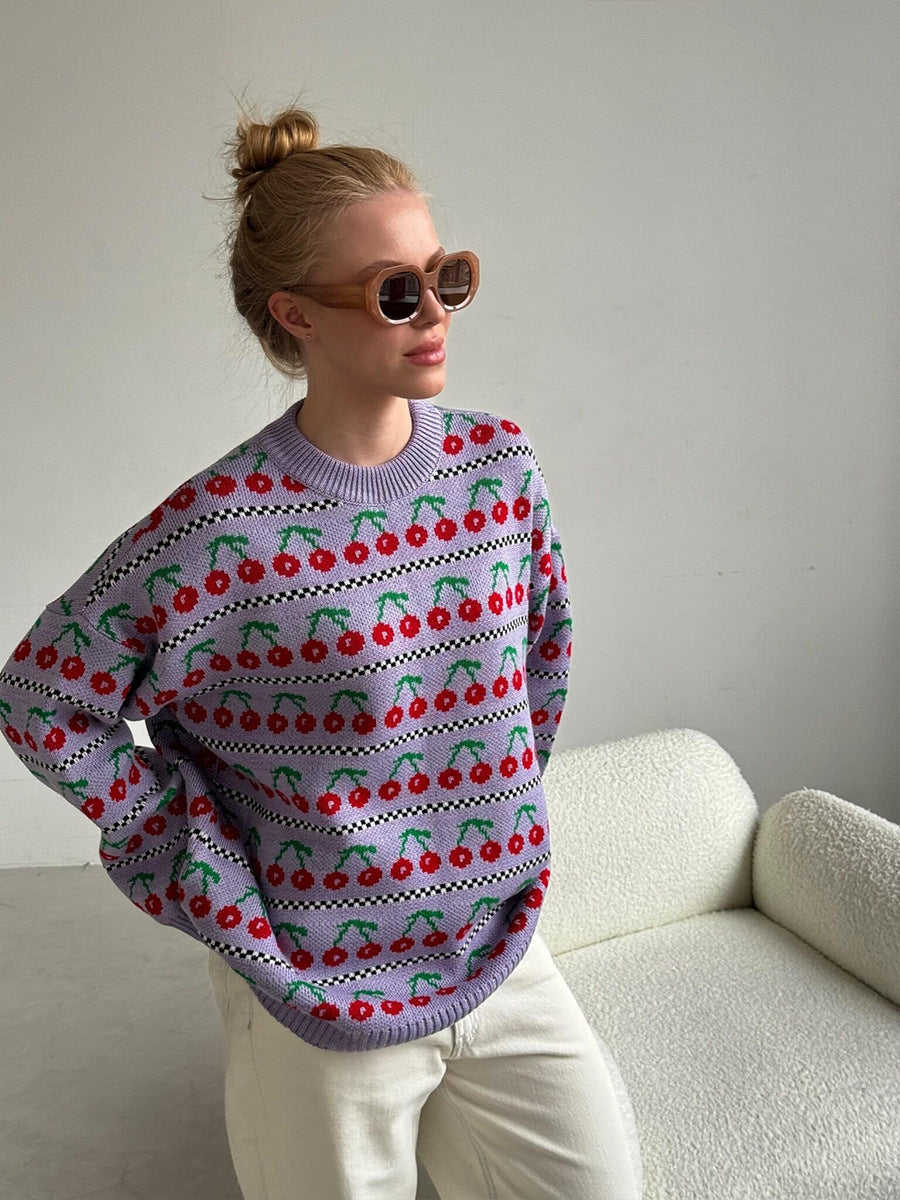 Purple Cherry Print Vintage Knitted Sweaters