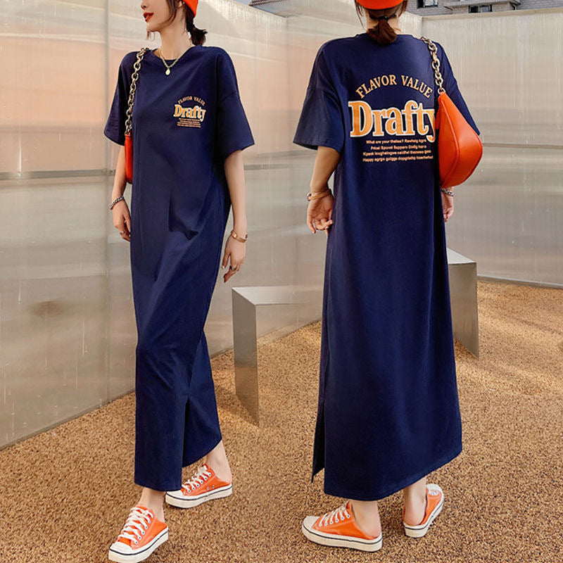 Summer Plus Sizes Long Casual T Shirts Dresses-Dresses-Dark Blue-L-Free Shipping at meselling99