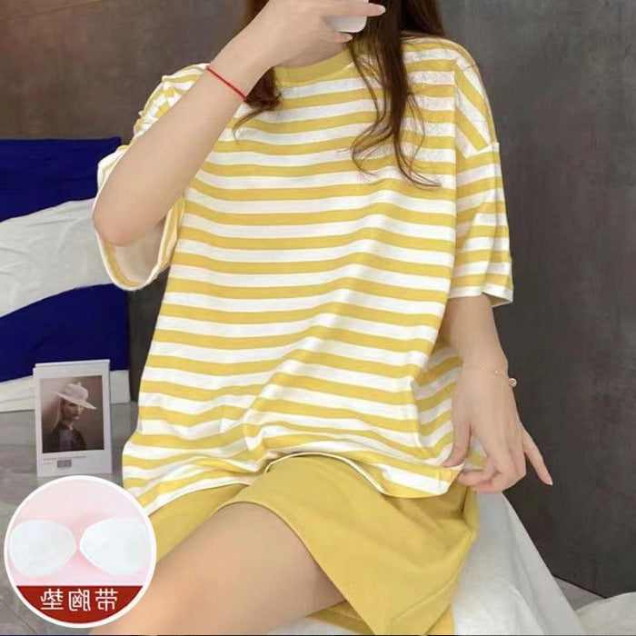 Casual Striped Summer Short Sleeves Shirts & Shorts Homewear