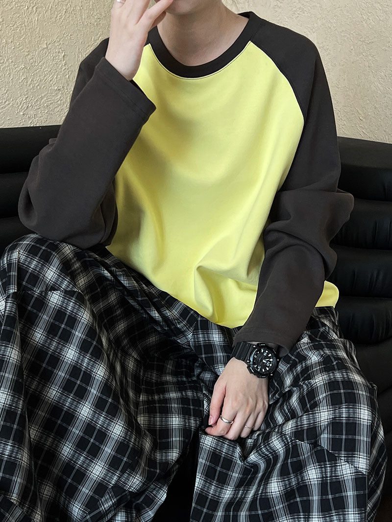 Retro Color-Block Long Sleeve T-Shirt – Oversized Graphic Sweatshirt for Women