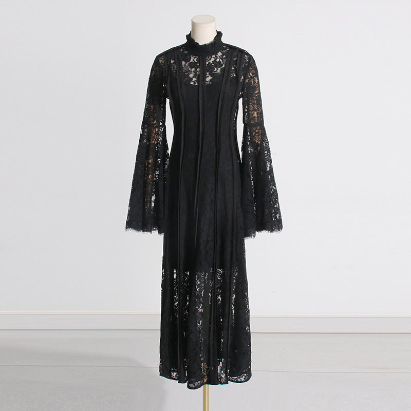 Retro Elegant Summer Lace Embroidered High-Waist Pleated Dress