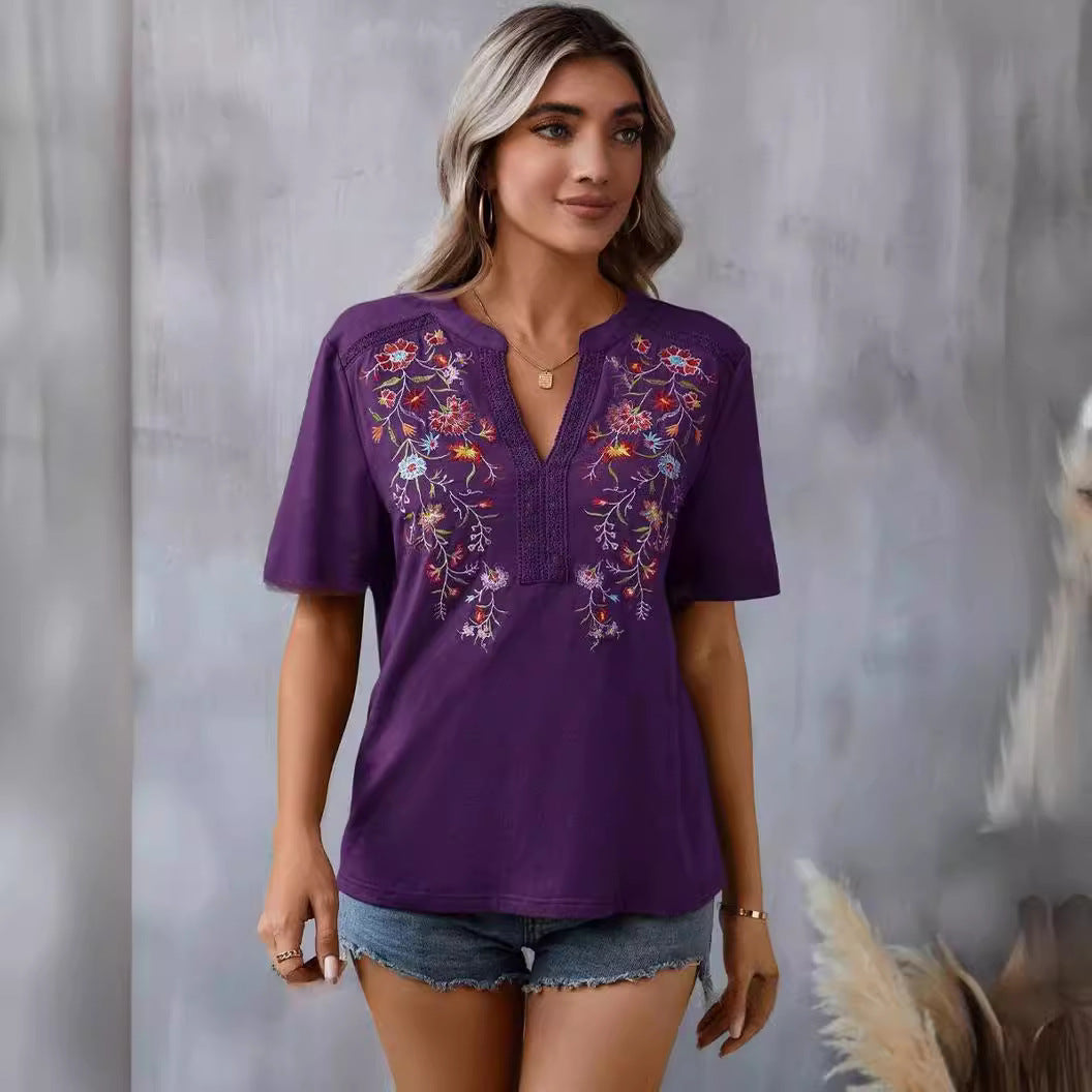 Summer Fashion Embroidered Lace Trim Top – Elegant Floral Detailing