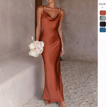 Slim Fit Deep V-Neck Sleeveless Solid Color Dress
