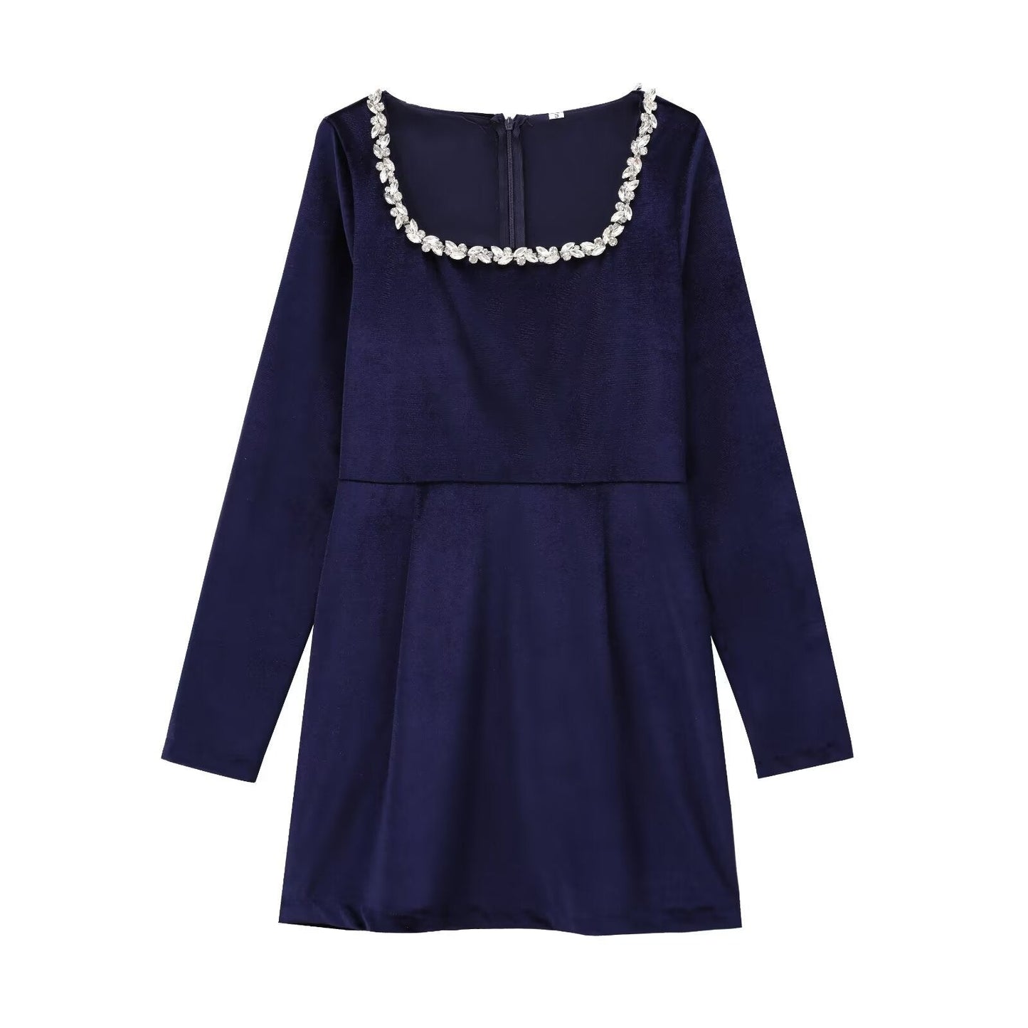 Elegant Velvet Fitted Diamond-Embellished Long-Sleeve Short Hemline Dress