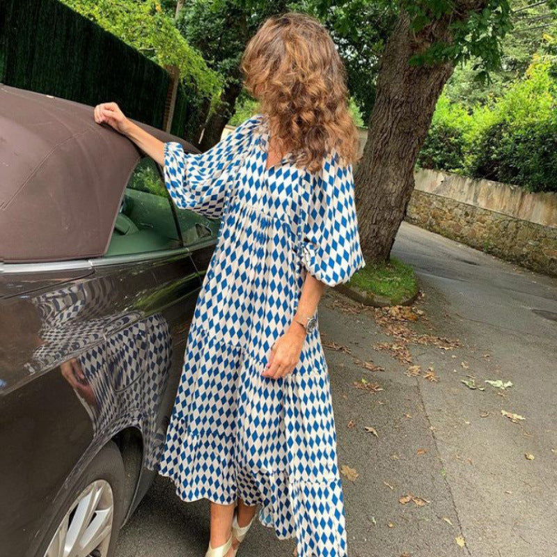 Plus Size Boho Print Dress with Puff Sleeves